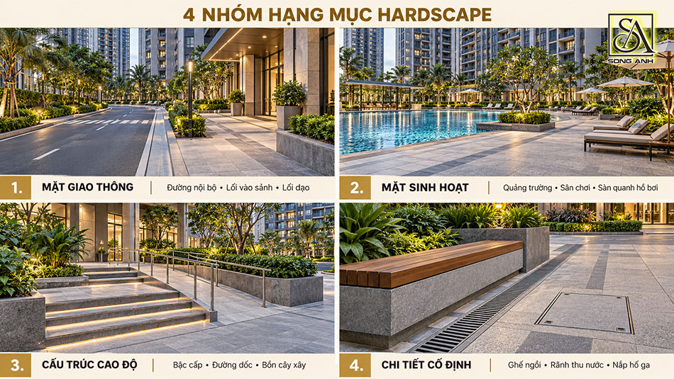 Bốn nhóm hardscape gồm mặt giao thông, mặt sinh hoạt, cấu trúc cao độ và chi tiết cố định